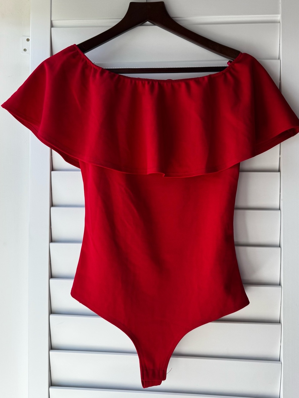 Off-Shoulder Red Ruffle Bodysuit - Picture 2 of 6